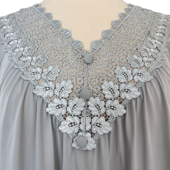 Vintage Made in USA All Nylon Shadowline Long Gray Gown with Flutter Sleeves - Picture 3 of 11